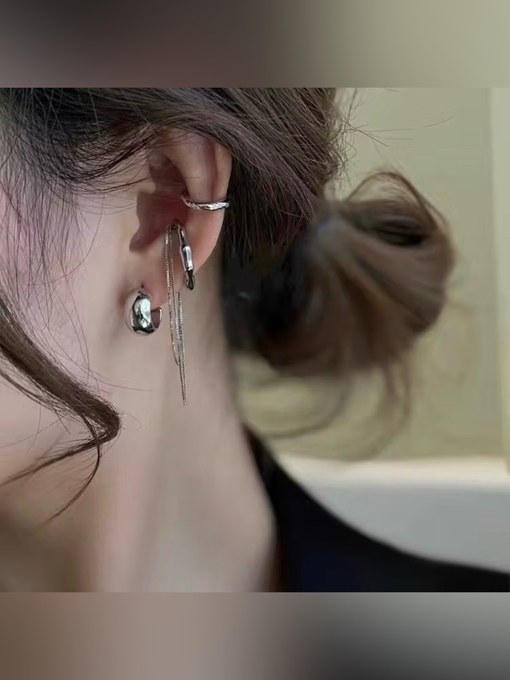 Silver Multi-Style Ear Cuff and C Huggie Hoop Earring 4 pieces Set